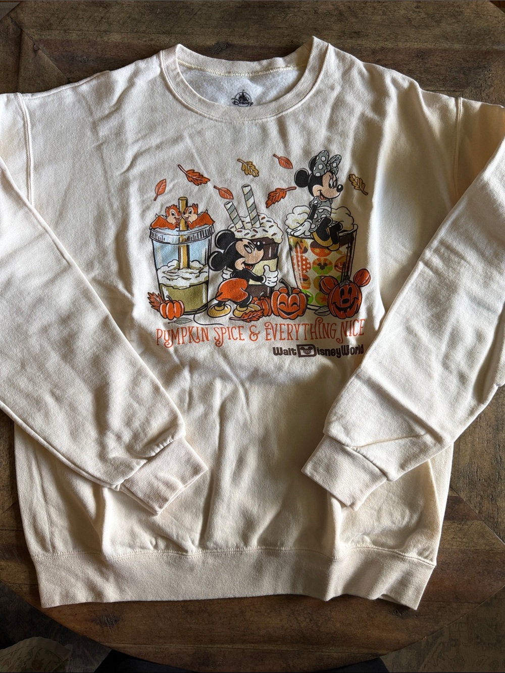 Disney World Cream Pumpkin Spice Mickey & Minnie Crewneck Sweatshirt NWOT Medium